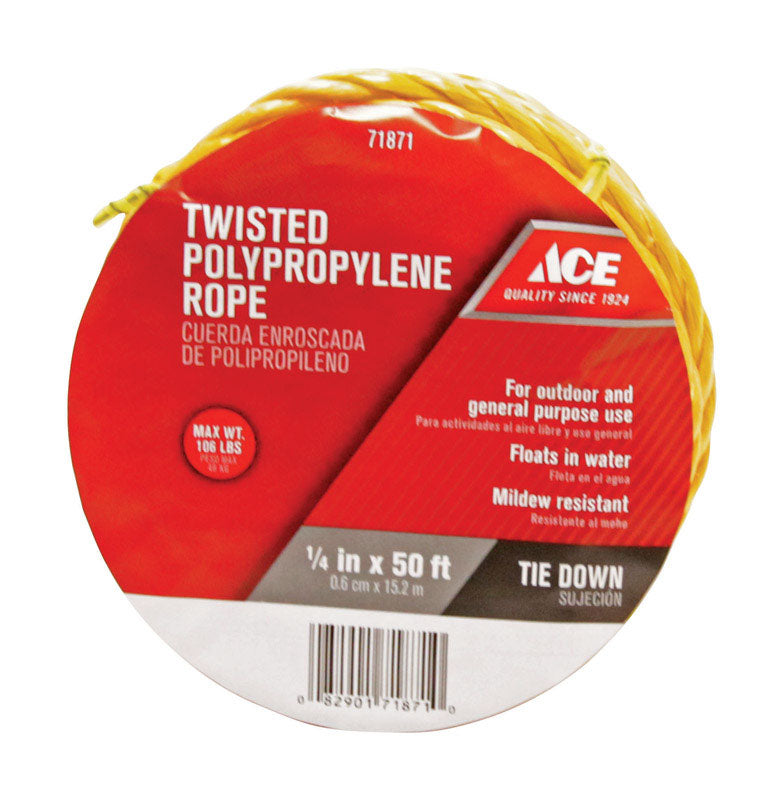 Ace 1/4 in. Dia. x 50 ft. L Twisted Poly Rope Yellow – Shell Lumber and ...