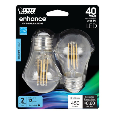 Feit Electric BPA1540/950CA/FIL/2 LED Bulb, General-Purpose, A15 Lamp, 40 W Equivalent, E26 Lamp Base, Dimmable, Clear