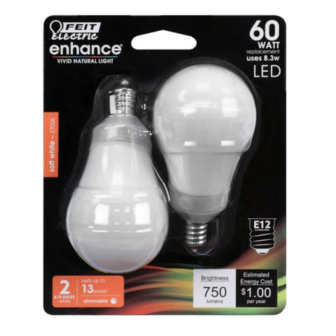 Feit Electric BPA1560C/927CA/2 LED Bulb, General-Purpose, A15 Lamp, 60 W Equivalent, E12 Lamp Base, Dimmable, Frosted