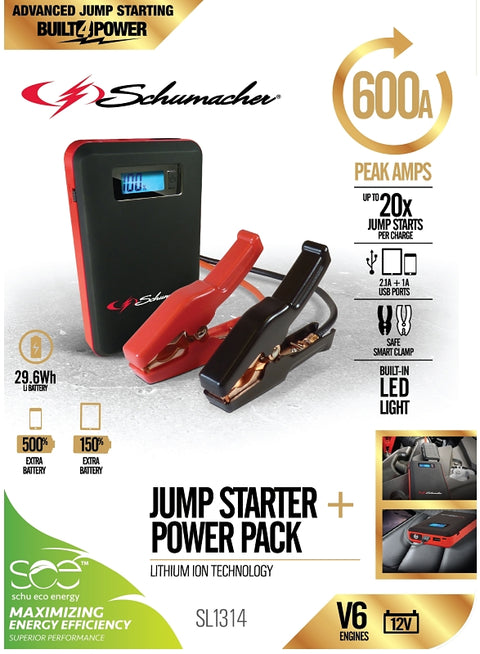 Schumacher SL1314 Jump Starter/Power Pack, 12 VDC, 600 A, Lithium-Ion Battery
