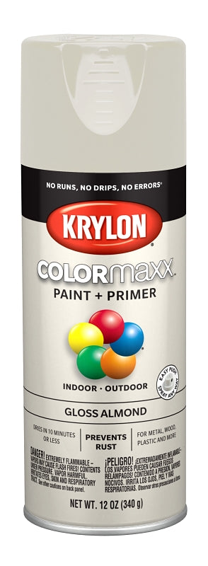 Krylon K05500007 Enamel Spray Paint, 12 oz Can, 25 sq-ft Coverage Area, Solvent Base, Gloss, Almond