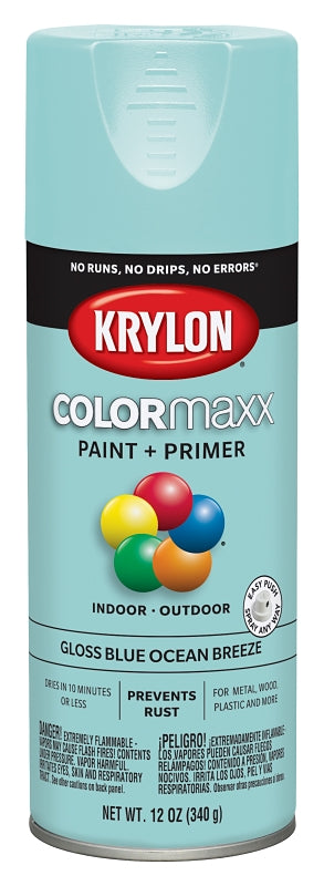 Krylon K05506007 Enamel Spray Paint, 12 oz Can, 25 sq-ft Coverage Area, Solvent Base, Gloss, Blue Ocean Breeze