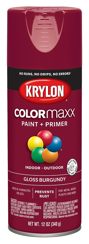 Krylon K05508007 Enamel Spray Paint, 12 oz Can, 25 sq-ft Coverage Area, Solvent Base, Gloss, Burgundy
