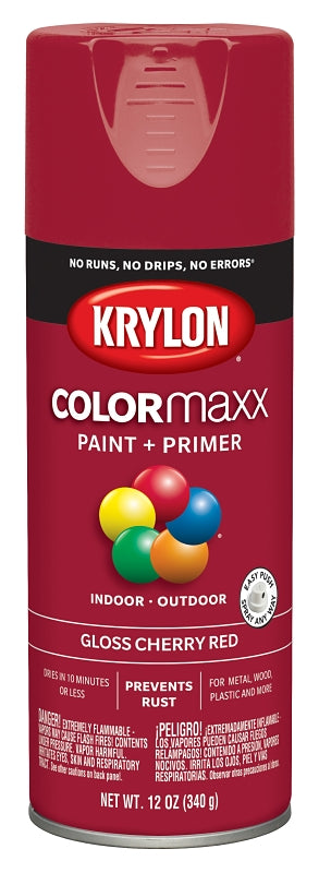 Krylon K05511007 Enamel Spray Paint, 12 oz Can, 25 sq-ft Coverage Area, Solvent Base, Gloss, Cherry Red