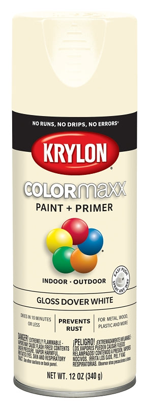Krylon K05516007 Enamel Spray Paint, 12 oz Can, 25 sq-ft Coverage Area, Solvent Base, Gloss, Dover White