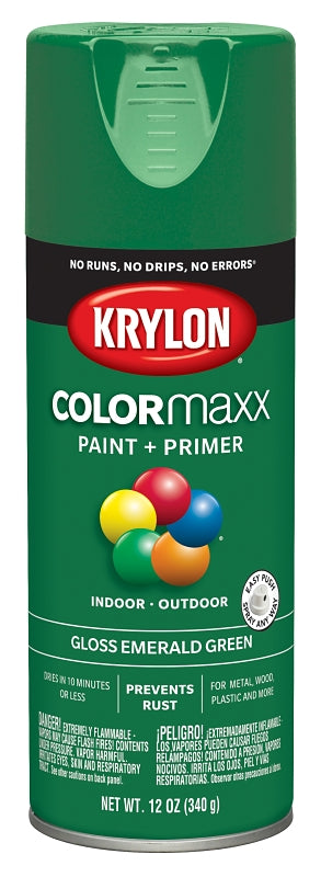 Krylon K05517007 Enamel Spray Paint, 12 oz Can, 25 sq-ft Coverage Area, Solvent Base, Gloss, Emerald Green