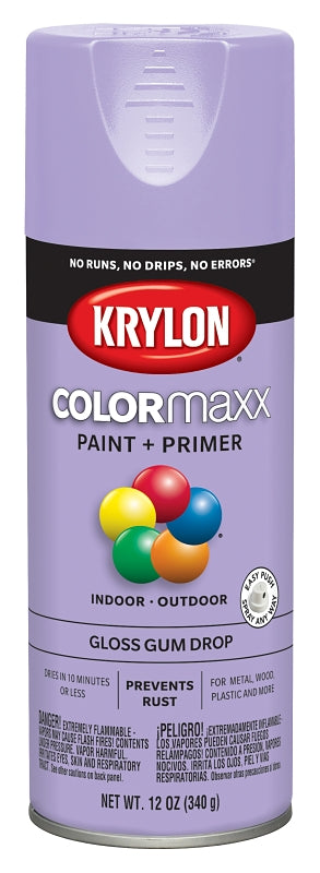 Krylon K05521007 Enamel Spray Paint, 12 oz Can, 25 sq-ft Coverage Area, Solvent Base, Gloss, Gum Drop