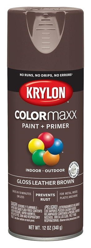 Krylon K05527007 Enamel Spray Paint, 12 oz Can, 25 sq-ft Coverage Area, Solvent Base, Gloss, Leather Brown
