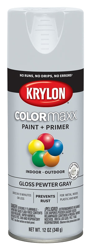 Krylon K05531007 Enamel Spray Paint, 12 oz Can, 25 sq-ft Coverage Area, Solvent Base, Gloss, Pewter Gray