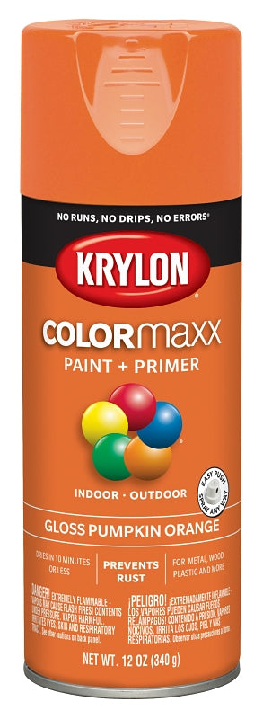 Krylon K05532007 Enamel Spray Paint, 12 oz Can, 25 sq-ft Coverage Area, Solvent Base, Gloss, Pumpkin Orange