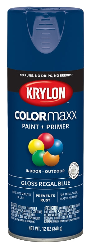Krylon K05535007 Enamel Spray Paint, 12 oz Can, 25 sq-ft Coverage Area, Solvent Base, Gloss, Regal Blue