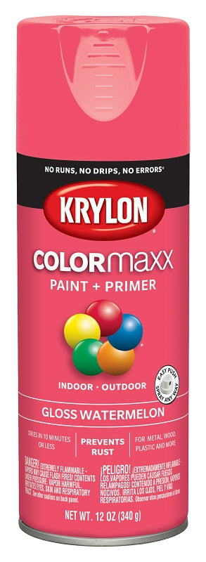 Krylon K05544007 Enamel Spray Paint, 12 oz Can, 25 sq-ft Coverage Area, Solvent Base, Gloss, Watermelon