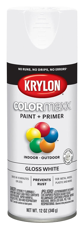Krylon K05545007 Enamel Spray Paint, 12 oz Can, 25 sq-ft Coverage Area, Solvent Base, Gloss, White