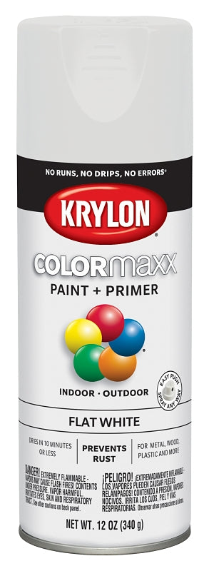 Krylon K05548007 Enamel Spray Paint, 12 oz Can, 25 sq-ft Coverage Area, Solvent Base, Flat, White