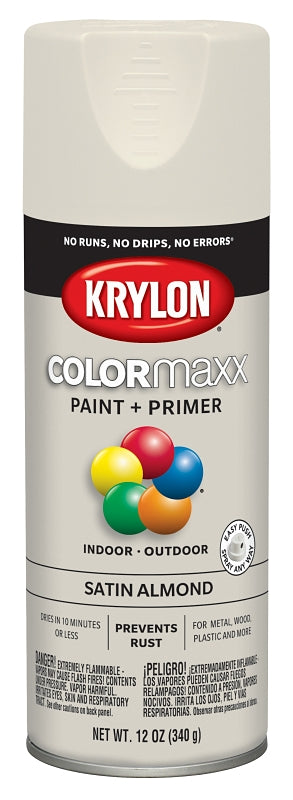 Krylon K05554007 Enamel Spray Paint, 12 oz Can, 25 sq-ft Coverage Area, Acrylic Base, Satin, Almond