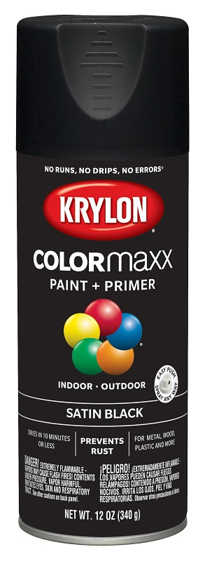 Krylon K05557007 Enamel Spray Paint, 12 oz Can, 25 sq-ft Coverage Area, Acrylic Base, Satin, Black