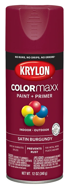 Krylon K05560007 Enamel Spray Paint, 12 oz Can, 25 sq-ft Coverage Area, Acrylic Base, Satin, Burgundy