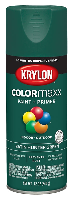 Krylon K05563007 Enamel Spray Paint, 12 oz Can, 25 sq-ft Coverage Area, Acrylic Base, Satin, Hunter Green