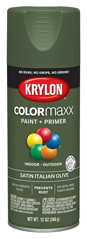 Krylon K05566007 Enamel Spray Paint, 12 oz Can, 25 sq-ft Coverage Area, Acrylic Base, Satin, Italian Olive
