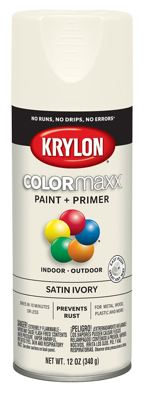 Krylon K05567007 Enamel Spray Paint, 12 oz Can, 25 sq-ft Coverage Area, Acrylic Base, Satin, Ivory