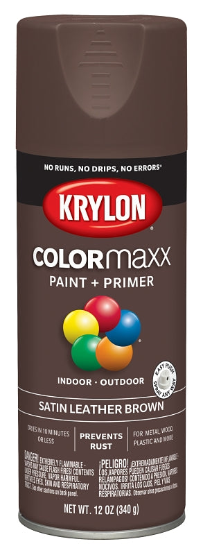 Krylon K05569007 Enamel Spray Paint, 12 oz Can, 25 sq-ft Coverage Area, Acrylic Base, Satin, Leather Brown