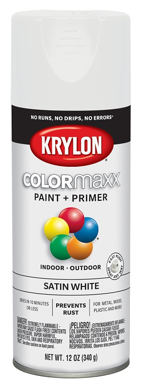 Krylon K05577007 Enamel Spray Paint, 12 oz Can, 25 sq-ft Coverage Area, Acrylic Base, Satin, White