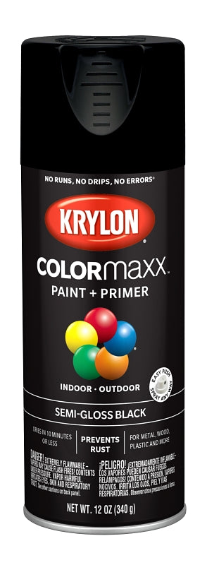 Krylon K05579007 Enamel Spray Paint, 12 oz Can, 25 sq-ft Coverage Area, Acrylic Base, Semi-Gloss, Black