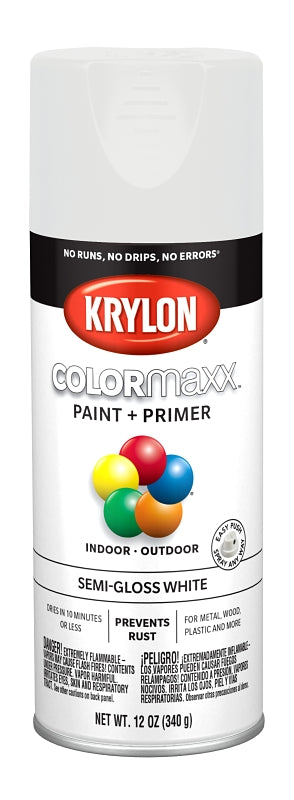 Krylon K05580007 Enamel Spray Paint, 12 oz Can, 25 sq-ft Coverage Area, Acrylic Base, Semi-Gloss, White