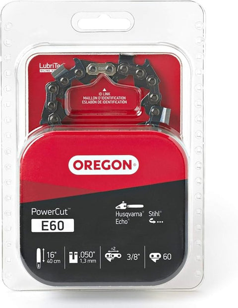 Oregon PowerCut E60 Chainsaw Chain, 16 in L Bar, 0.05 Gauge, 3/8 in TPI/Pitch, 60-Link