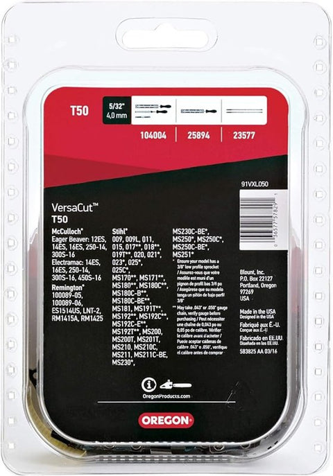 Oregon VersaCut T50 Chainsaw Chain, 14 in L Bar, 0.05 Gauge, 3/8 in TPI/Pitch, 50-Link
