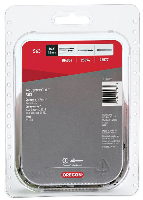 Oregon AdvanceCut S63 Chainsaw Chain, 18 in L Bar, 0.05 Gauge, 3/8 in TPI/Pitch, 63-Link