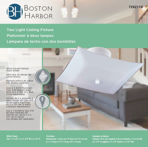 Boston Harbor F98WH02-12643L Ceiling Light Fixture, 2-Lamp, CFL Lamp, White Fixture