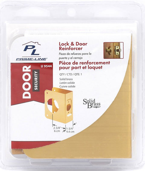 Defender Security U 9544 Door Reinforcer, 2-3/8 in Backset, 1-3/4 in Thick Door, Solid Brass, Brass, 4-1/2 in H
