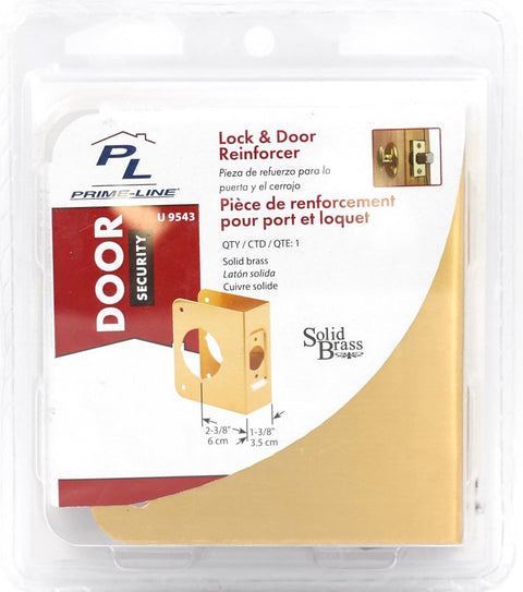Prime-Line U 9543 Lock and Door Reinforcer, 2-3/8 in Backset, 1-3/8 in Thick Door, Brass, 4-1/2 in H, 2-1/8 in Bore