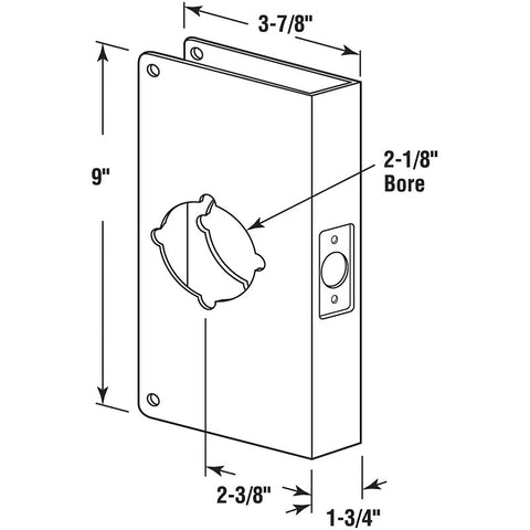 Prime-Line U 9541 Lock and Door Reinforcer, 2-3/8 in Backset, 1-3/4 in Thick Door, Brass, 9 in H, 3-7/8 in W