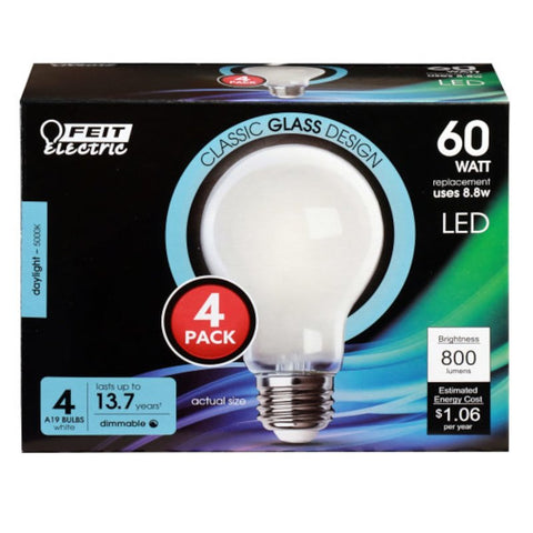 Feit Electric A1960/850/FIL/4 LED Bulb, General-Purpose, A19 Lamp, 60 W Equivalent, E26 Lamp Base, Dimmable, Frosted, Pack of 6