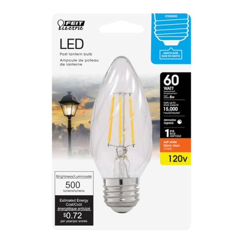 Feit Electric BPF1560/827/FILED LED Bulb, Decorative, F15 Lamp, 60 W Equivalent, E26 Lamp Base, Dimmable, Clear, Pack of 6