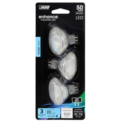 Feit Electric BPEXN/950CA/3 LED Bulb, Recessed/Track, MR16 Lamp, 50 W Equivalent, GU5.3 Lamp Base, Dimmable, Clear, Pack of 6