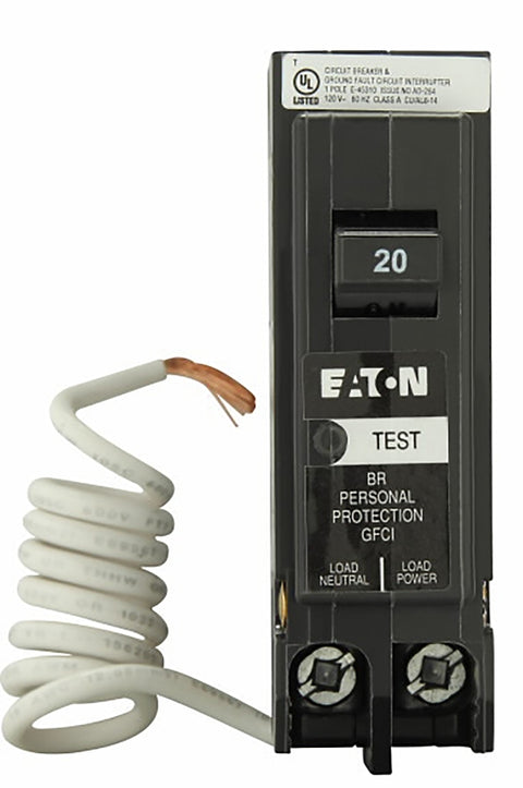 Eaton BRN120GF Circuit Breaker, GFCI, 20 A, 1-Pole, 120/240 VAC, Trip-to-Center Trip, Plug Mounting