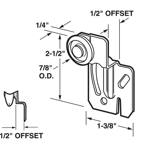 Prime-Line N 6501 Roller Assembly, 2-1/2 in L x 1-3/8 in W Dimensions, 7/8 in Dia Roller, 1/4 in W Roller, Nylon/Steel