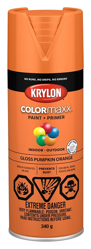 Krylon 455320007 Enamel Spray Paint, 12 oz Can, 25 sq-ft Coverage Area, Oil Base, Gloss, Pumpkin Orange