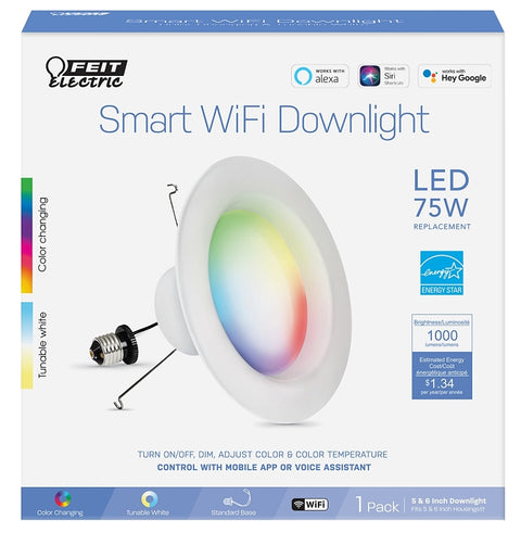 Feit Electric LEDR6/RGBW/AG/RP Smart Wi-Fi Enabled 6 Downlight, 75W Replacement, 1000 Lumens, Tunable White Color Temp and RGBW Color Changing