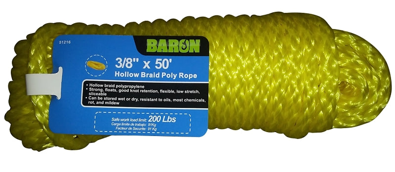 Baron 51216 Rope, 3/8 in Dia, 50 ft L, 200 lb Working Load, Polypropyl ...