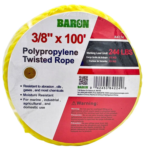 3 8 Inch Rope Baron 84224 Rope, 3/8 in Dia, 100 ft L, 244 lb Working Load, Polypropy ...