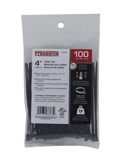 ProSource CT0902 Cable Tie, 4 inches, 18lb Tensile Strength, Self-Locking Locking, Nylon, Black