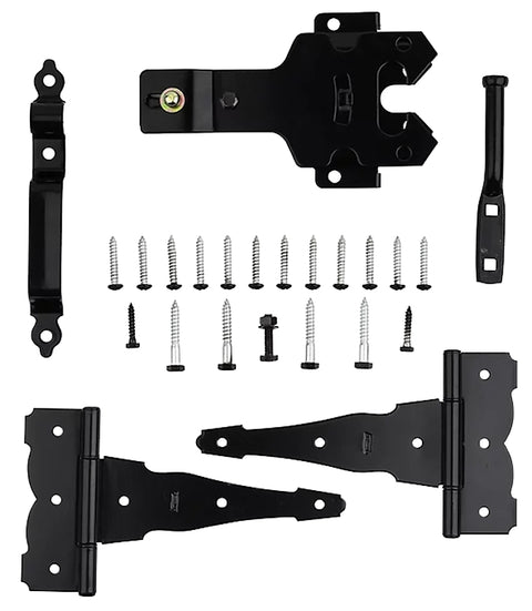 National Hardware Deluxe N109-308 Latch Decorative T-Hinge Gate Kit, Heavy-Duty, Steel, Black, Powder-Coated, 24-Piece