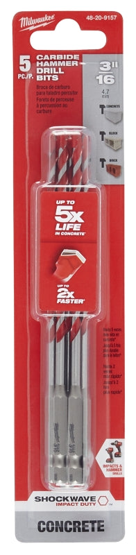 Milwaukee SHOCKWAVE 48-20-9157 Drill Bit, 3/16 in Dia, 6 in OAL, Precision Ground, Wide Flute, 1/4 in Dia Shank, Pack of 3