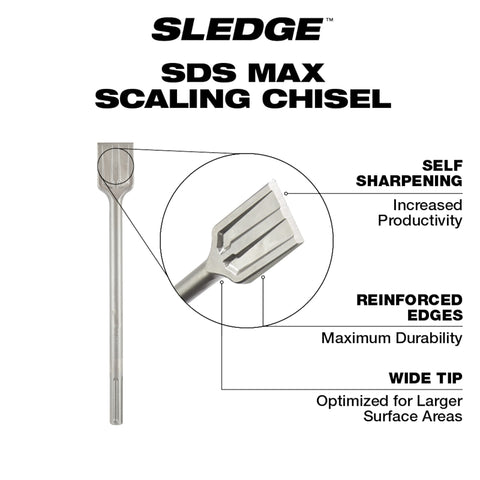 Milwaukee SDS Max SLEDGE 48-62-4084 Scaling Chisel Bit, 2 in W Tip, 3/4 in Dia Shank, SDS Max Shank, Steel