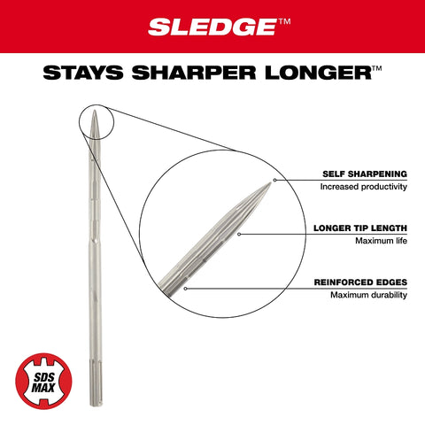 Milwaukee SDS Max SLEDGE 48-62-4250 Chisel Bit, 1/2 in W Tip, Bull Point Tip, 3/4 in Dia Shank, SDS Max Shank
