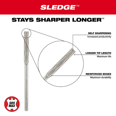 Milwaukee SDS Max SLEDGE 48-62-4252 Chisel Bit, 1 in W Tip, Flat Tip, 45/64 in Dia Shank, SDS Max Shank, Steel